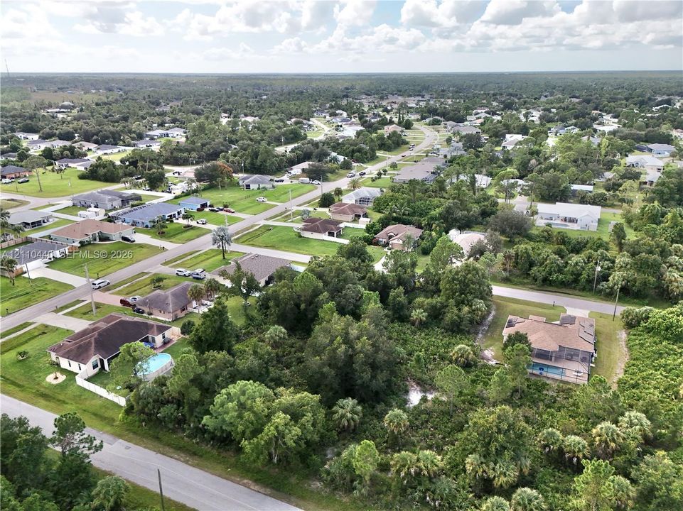 Aerial perspective of a residential neighborhood featuring established vegetation, mature trees, paved roadways, and single-level homes