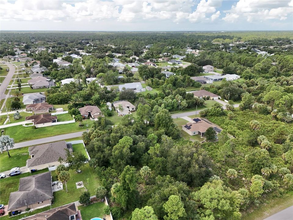 Aerial perspective of a residential neighborhood featuring established tree canopy, paved street infrastructure, and multiple low-profile residential dwellings