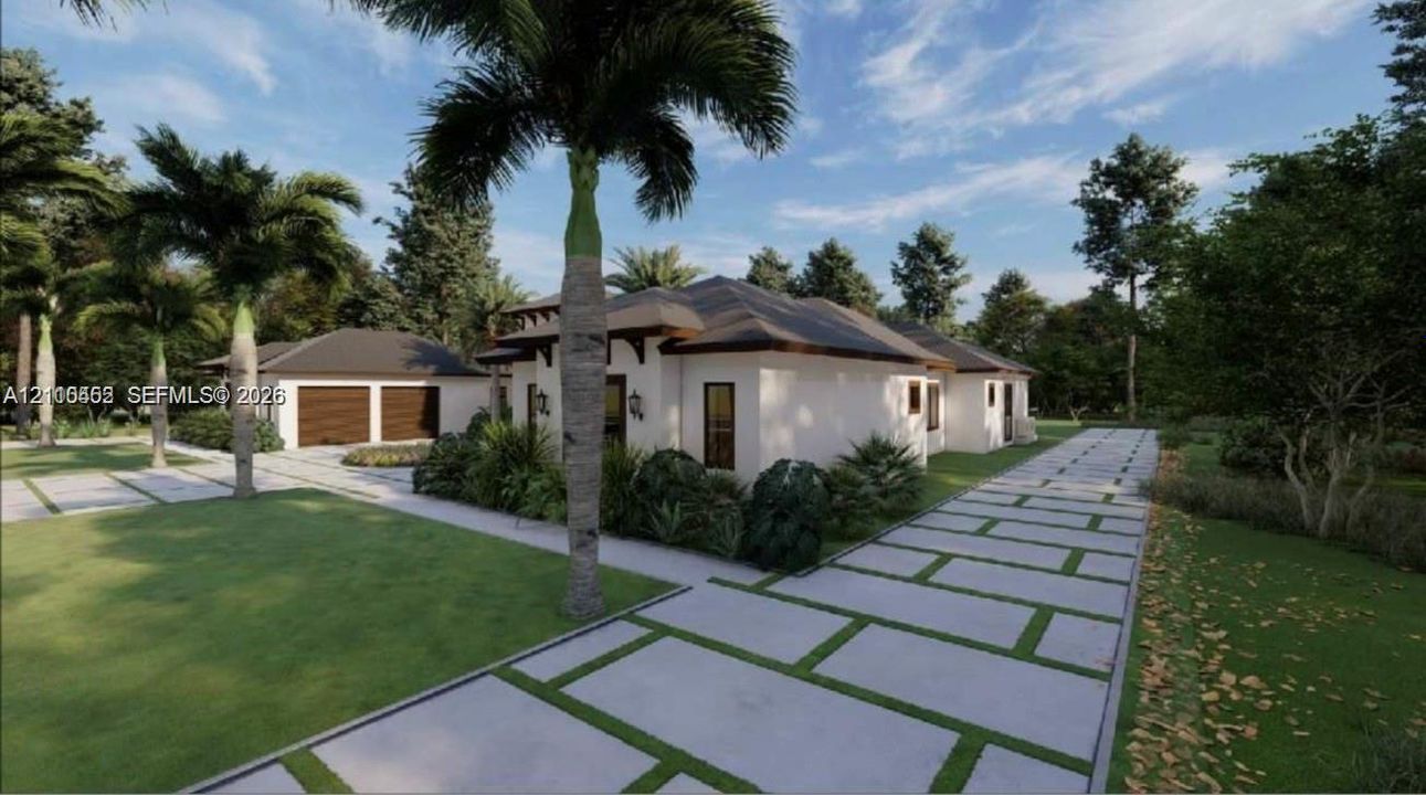 Stucco exterior residence featuring a hip roofline, detached two-car garage, and concrete paver driveway with turf accents