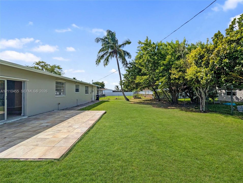 Rear exterior featuring a concrete patio, expansive grass lawn, mature trees, and a palm tree
