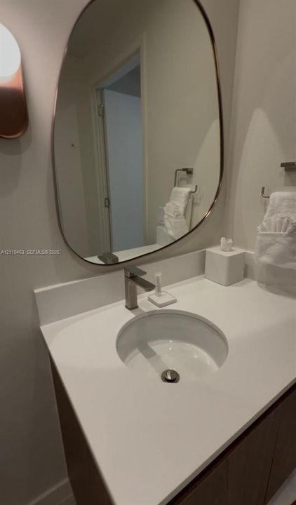 Wall-mounted vanity featuring a quartz countertop, integrated circular sink, metallic single-handle faucet, and an organically shaped mirror with a metallic frame