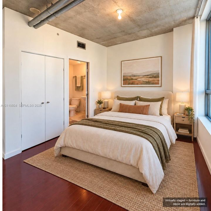 VIRTUAL STAGING -Exposed concrete ceiling, dark wood-finish flooring, floor-to-ceiling windows, and double-door closet
