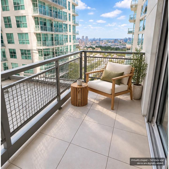 VIRTUAL STAGING -Private balcony featuring large-format tile flooring and a metal grid railing overlooking a cityscape