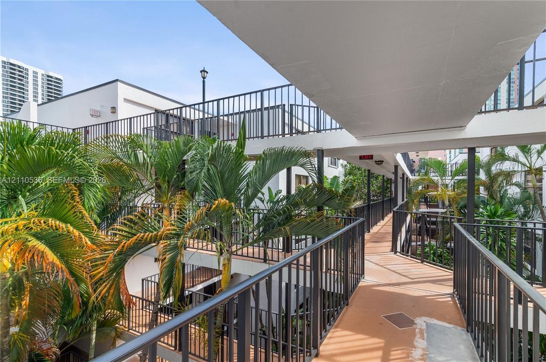 Open-air walkway featuring multi-level corridors with black metal railings, concrete-finished flooring, and surrounding mature palm trees