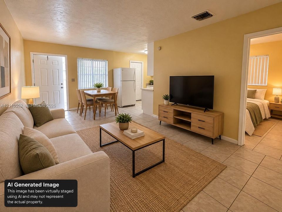 Open-concept interior featuring light tile flooring throughout, neutral wall color, and vertical blinds on windows