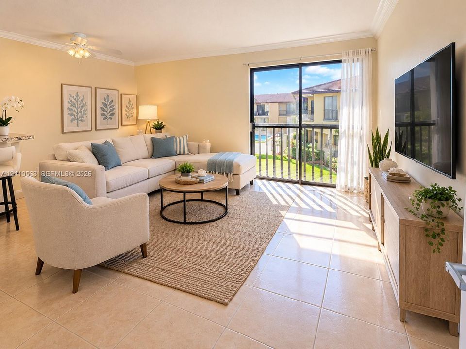 Ceramic tile flooring, crown molding, and a ceiling fan with light fixture