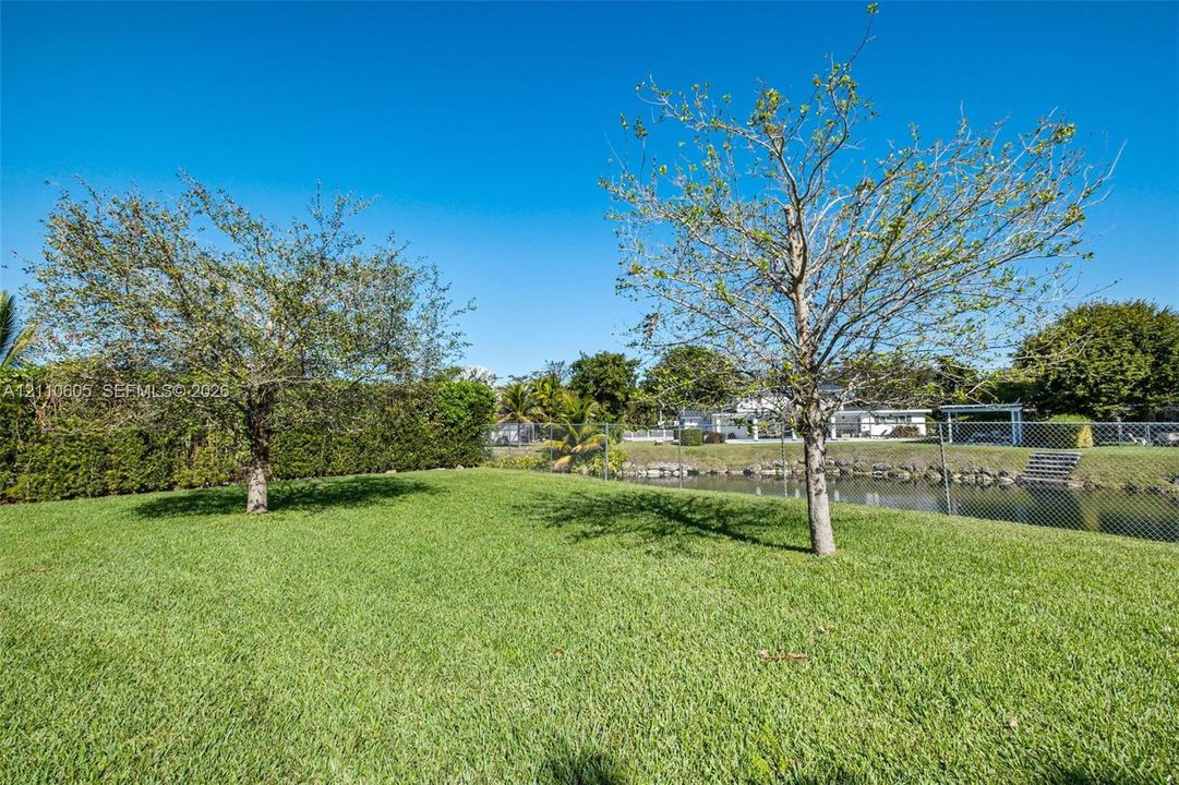 Expansive lawn featuring mature trees, chain-link fencing, and water frontage