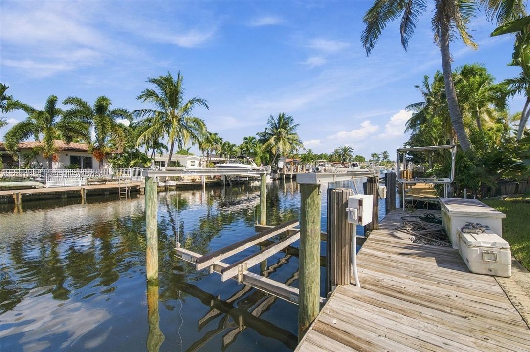 Waterfront property featuring a wood-plank dock, integrated boat lift, and piling-mounted utility housing