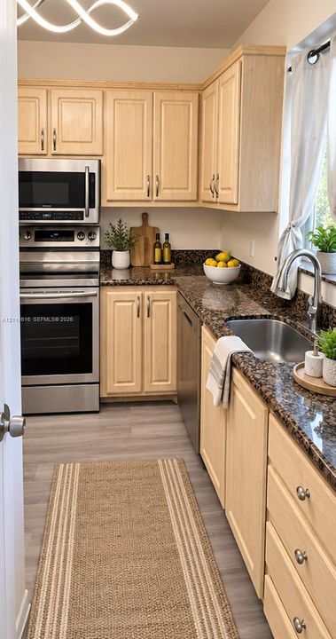 Kitchen featuring light-tone wood cabinetry, stone countertops, stainless steel appliances, wood-finish flooring, and a single-basin stainless steel sink with a high-arch faucet