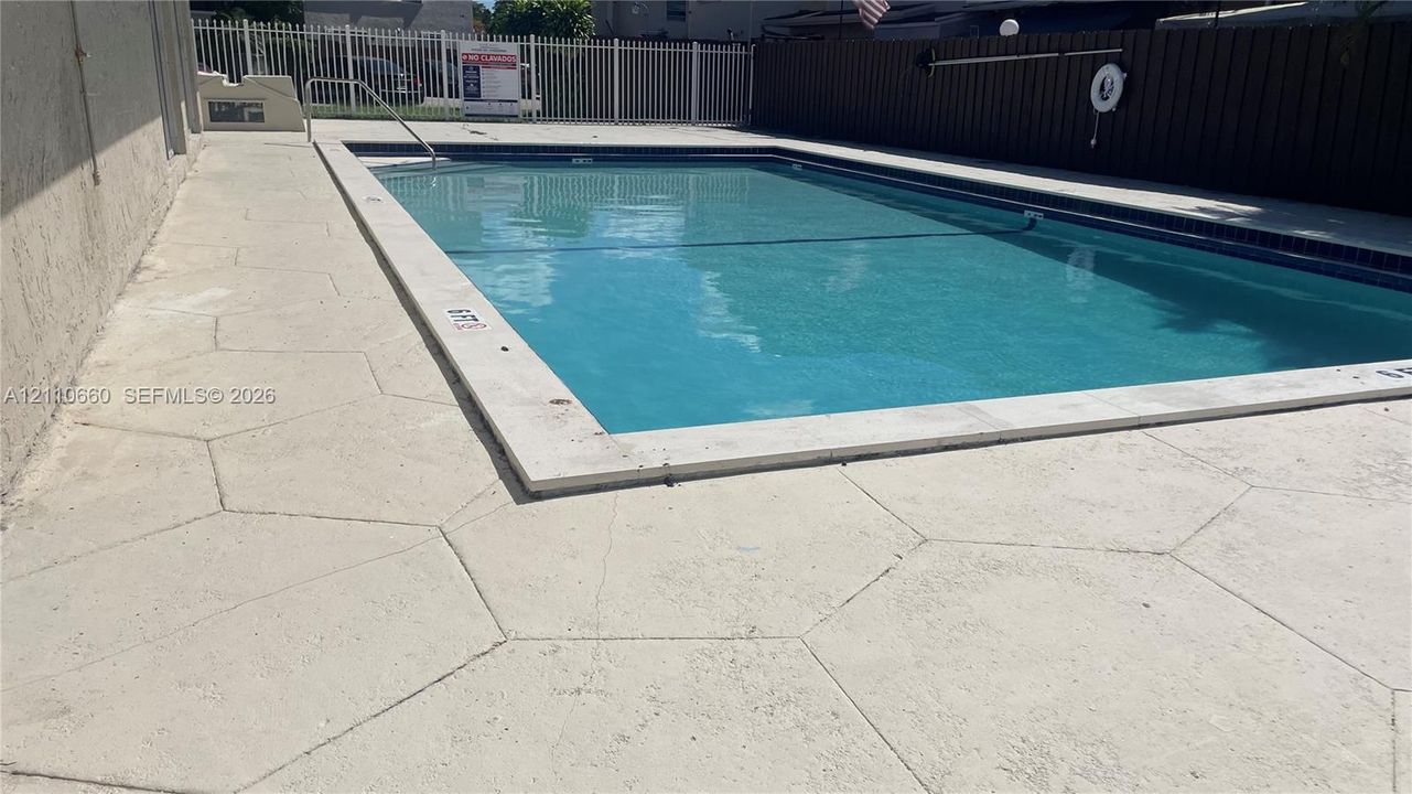 In-ground swimming pool featuring a concrete deck with hexagonal pattern pavers, metal perimeter fencing, and privacy screening