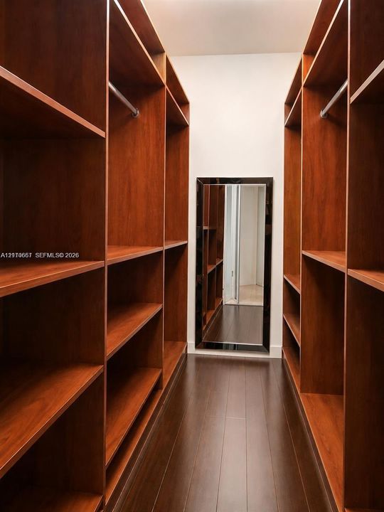 Walk-in closet featuring custom wood-finish built-in shelving, hanging rods, and wood-finish flooring