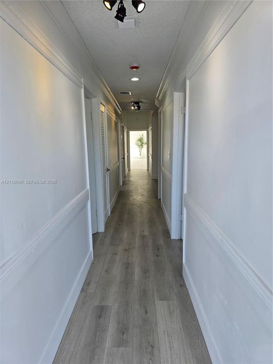Hallway featuring wood-finish flooring, white wainscoting, recessed lighting, and multiple interior doors