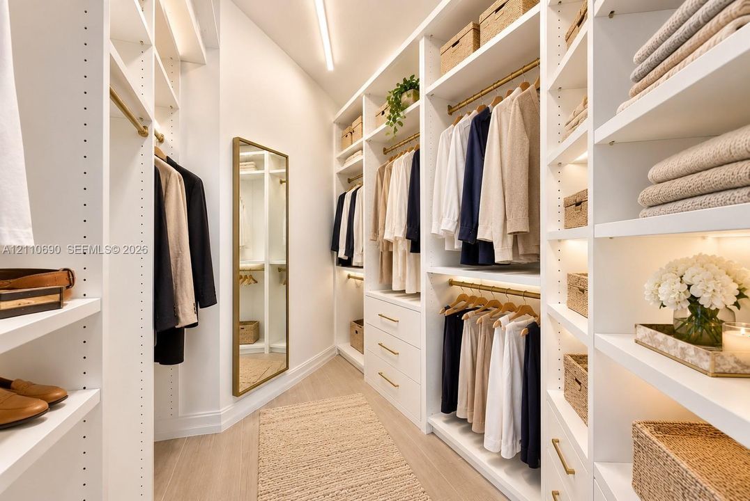 Walk-in closet featuring custom white cabinetry, adjustable shelving, integrated hanging rods, built-in storage drawers with metallic hardware, and a full-length wall mirror