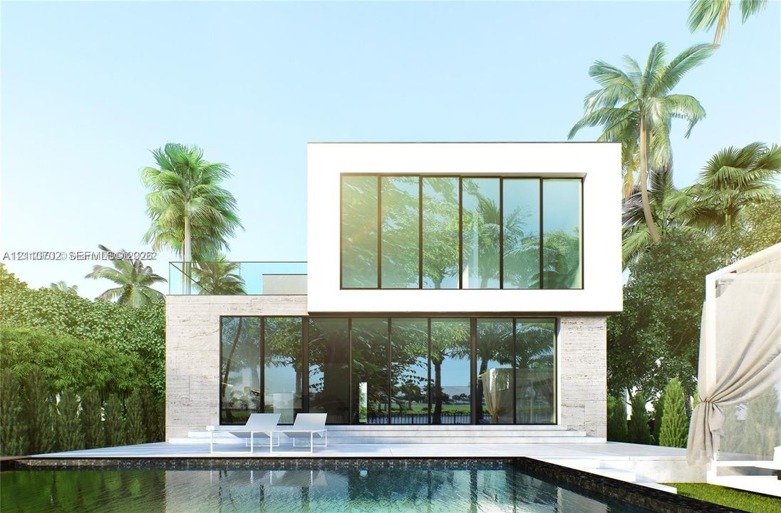 Modern architectural exterior featuring expansive floor-to-ceiling windows, natural stone facade, second-story balcony with glass railing, and a private swimming pool