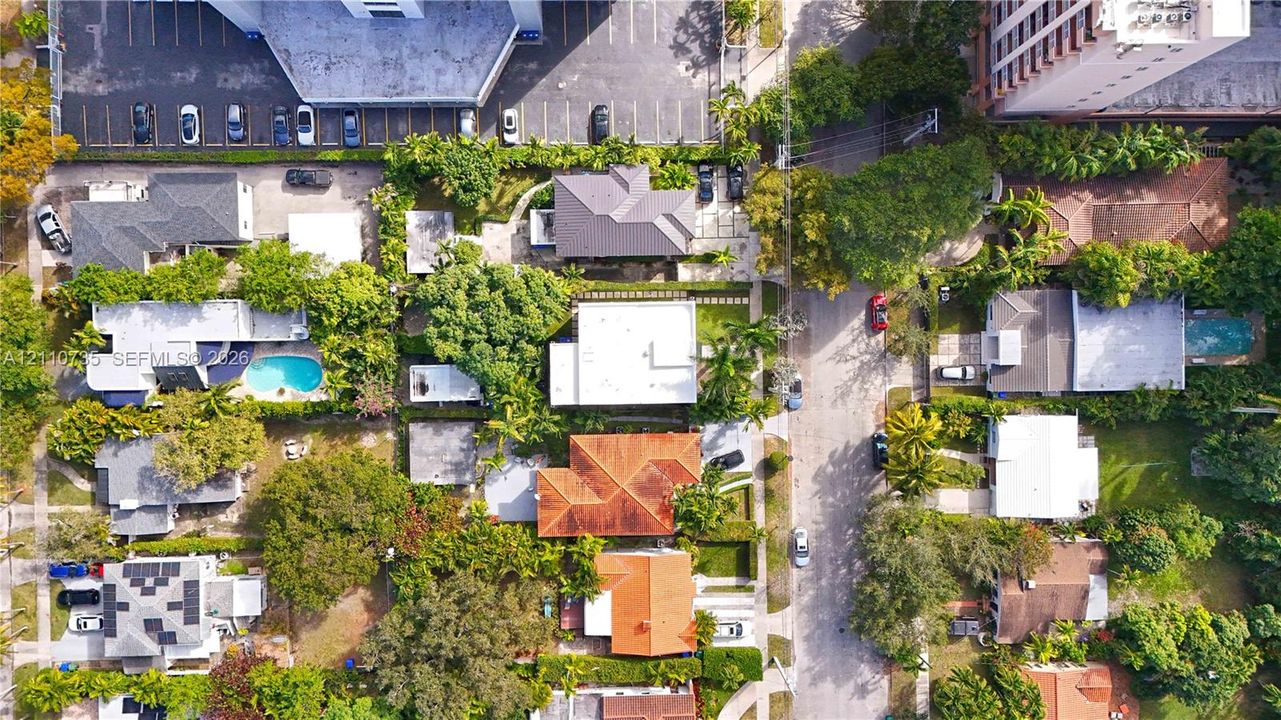 Aerial perspective of a neighborhood featuring mature tree canopy, varied architectural styles, private pools, and paved residential streets