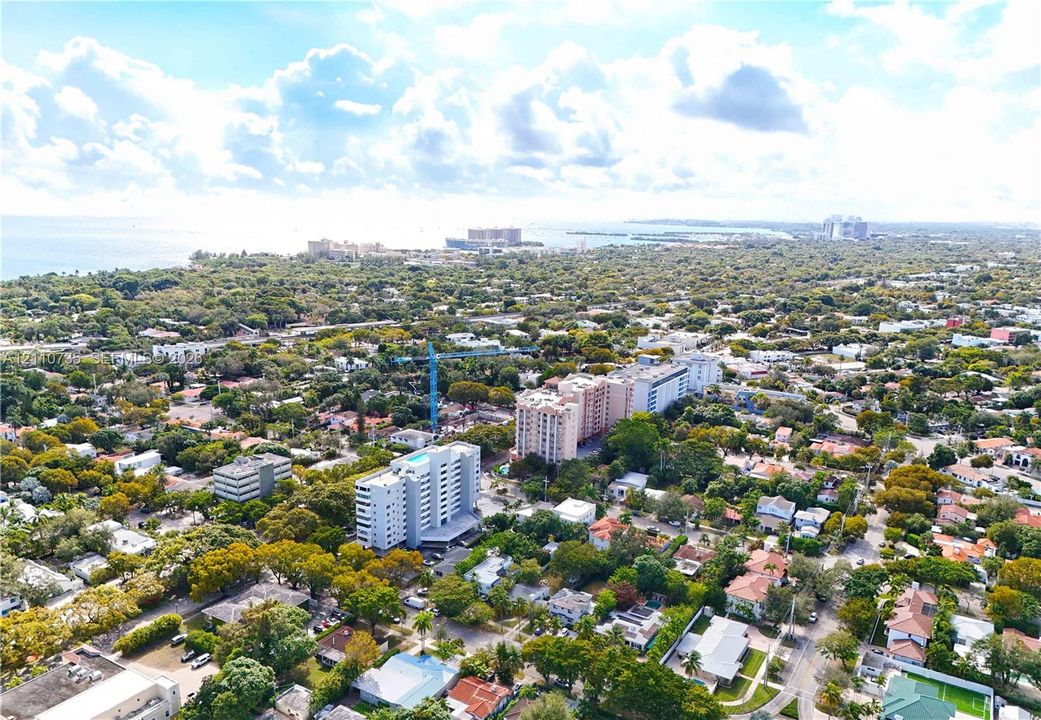 Aerial perspective featuring dense canopy coverage, established residential infrastructure, and proximity to the coastline