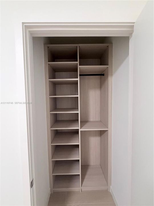 Built-in closet featuring light wood-finish shelving, multiple open storage compartments, and a horizontal hanging rod