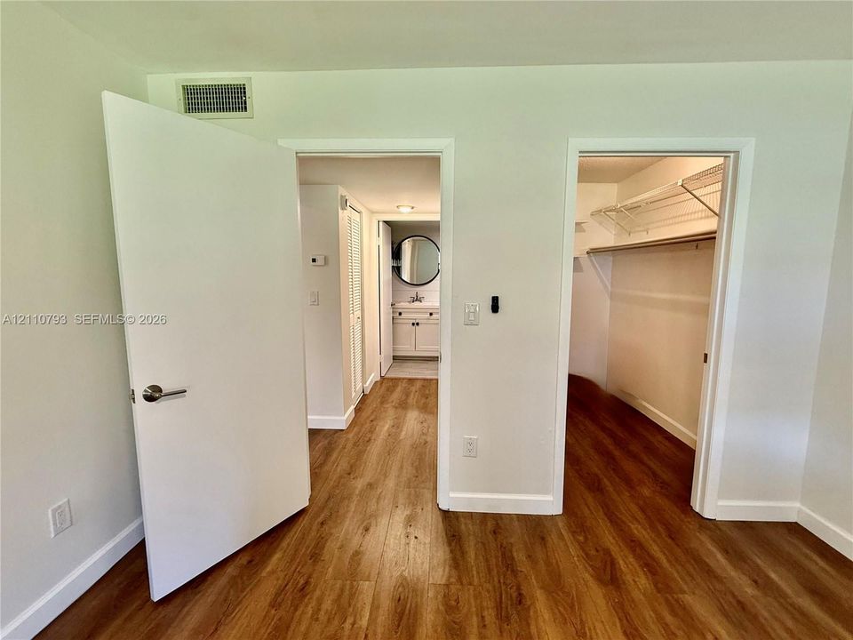Interior space featuring wood-finish flooring, a walk-in closet with built-in wire shelving, and access to a bathroom equipped with a vanity and wall-mounted circular mirror