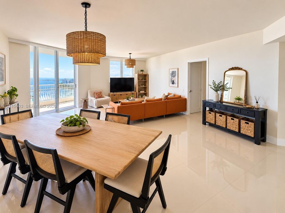 Open-concept floor plan featuring polished tile flooring, floor-to-ceiling glass doors, and dual tiered woven pendant light fixtures