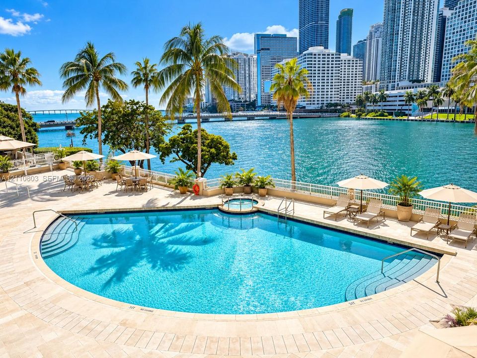 Curved swimming pool with built-in spa, stone-tile decking, metal safety fencing, and mature palm trees