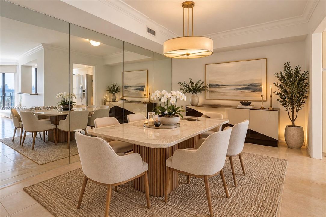 Dining area featuring floor-to-ceiling wall mirrors, a neutral stone-top table with a fluted wooden base, and a circular drum pendant light fixture with a metallic finish