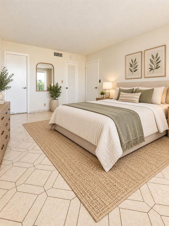 Geometric patterned tile flooring, inset wall mirror, and neutral wall palette