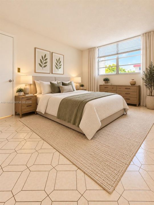 STAGED Geometric patterned tile flooring, expansive horizontal window with integrated blinds, and neutral wall tones
