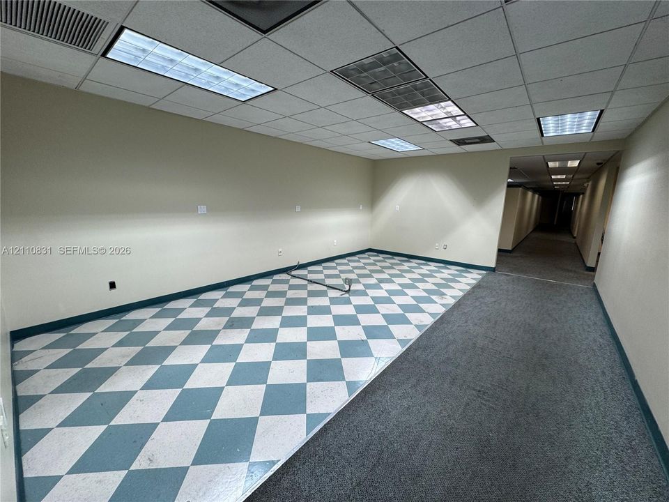 Drop ceiling with recessed panel lighting, multi-colored diamond-pattern resilient flooring, and integrated carpeted flooring