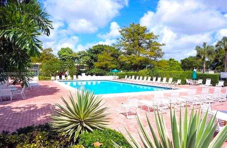 Swimming pool featuring a brick-paved deck, tropical landscaping, and mature foliage
