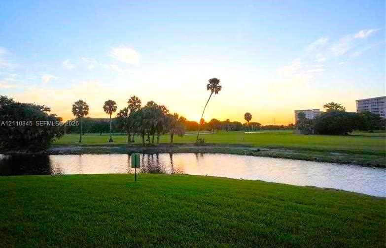 Waterfront lot featuring a manicured lawn, established palm trees, and an open grass expanse