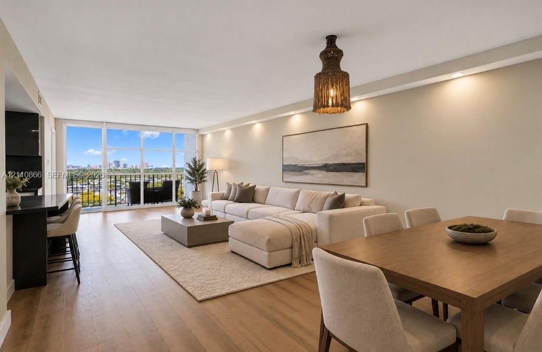 Open-concept living space featuring wood-finish flooring, floor-to-ceiling glass windows, recessed ceiling lighting, a built-in kitchen peninsula, and a woven decorative pendant fixture