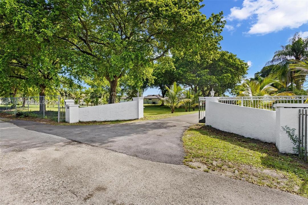 Gated entry featuring stucco-finished masonry pillars, a paved driveway, and mature canopy trees