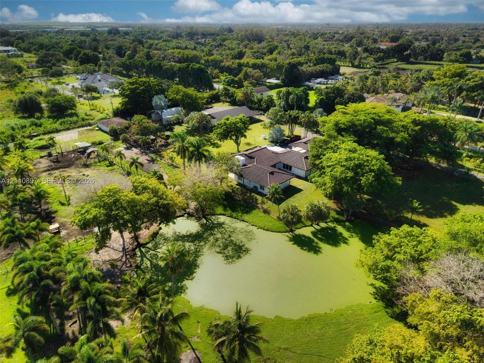 Aerial perspective of a sprawling property featuring a multi-wing residence, a private pond, expansive green space, mature canopy trees, and palm vegetation