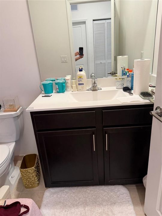 Dark-toned wood cabinetry with brushed nickel hardware, integrated countertop with a molded sink, single-handle faucet, and full-width wall mirror