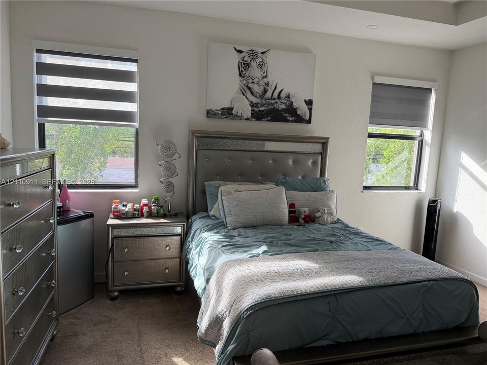 Neutral-toned interior featuring dual windows, tray ceiling, and wall-to-wall carpeting