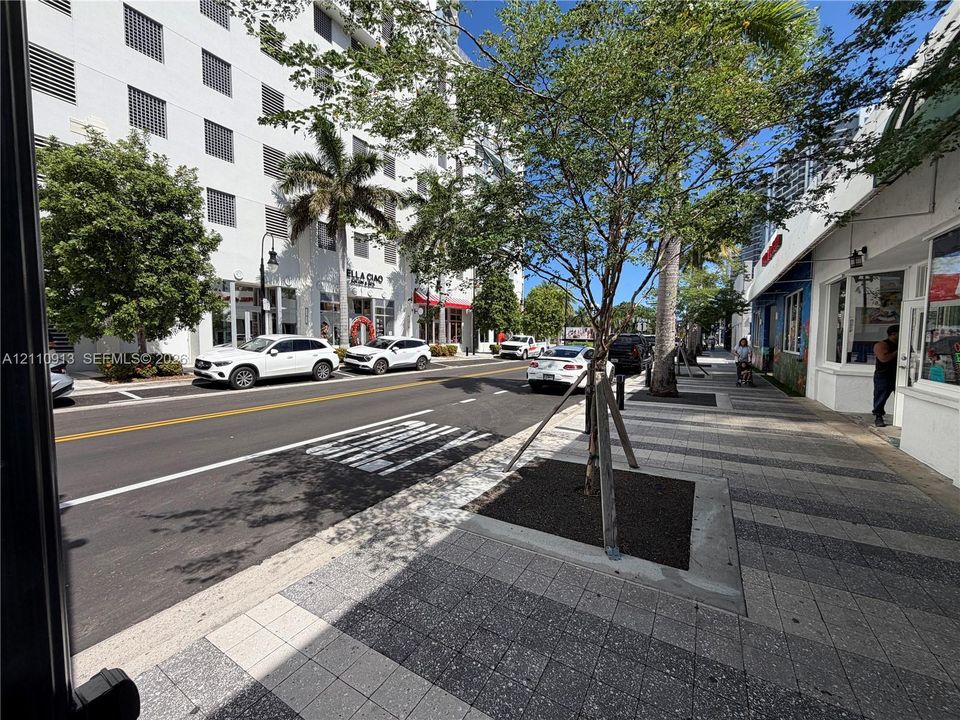 Paved pedestrian walkway featuring light and dark stone tile patterns, mature landscaping, and street-level storefront access