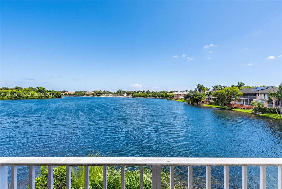 Waterfront balcony featuring a white railing, overlooking an expansive waterway with mature trees and native coastal vegetation