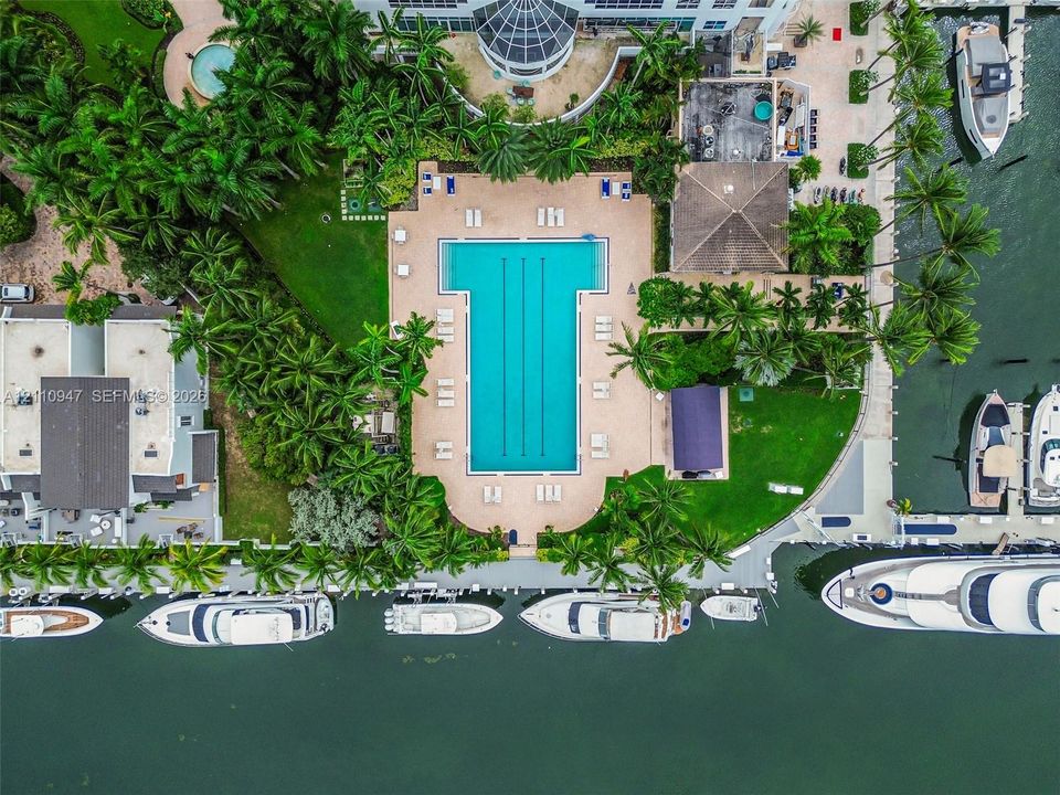 Aerial perspective of a multi-lane swimming pool featuring a surrounding stone deck, mature palm trees, landscaped green space, and direct deep-water access with private boat slips