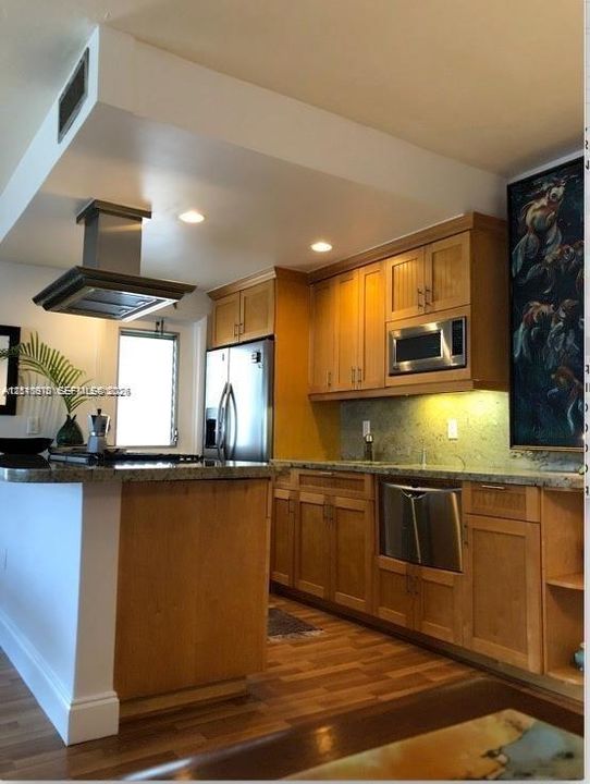 Kitchen featuring wood cabinetry, stainless steel appliances, stone countertops, a ceiling-mounted range hood, and wood-finish flooring