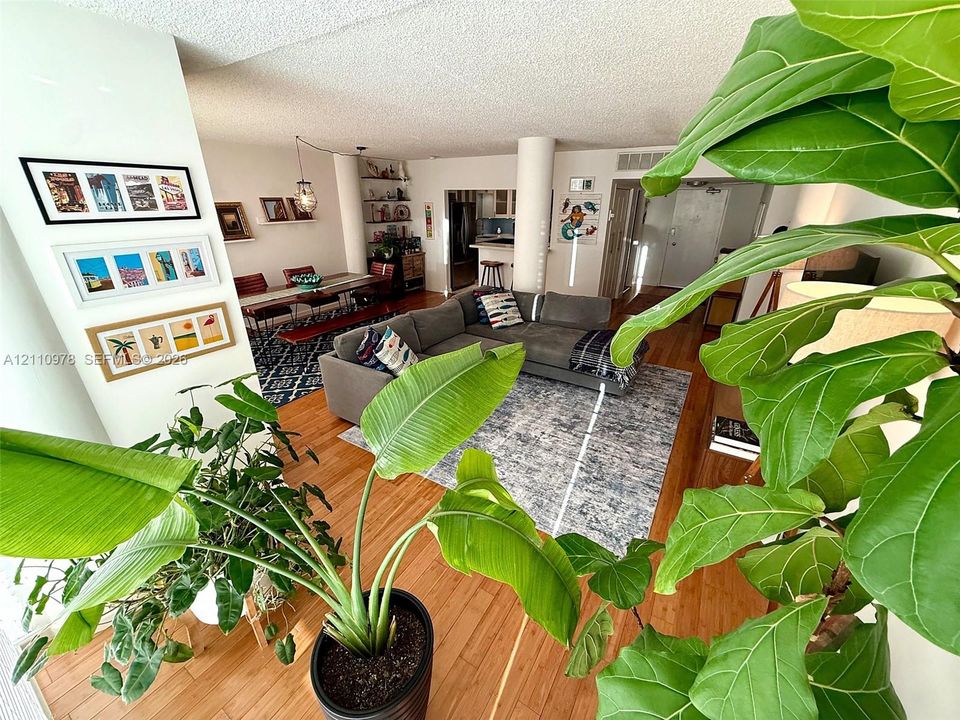 Open floor plan featuring wood-finish flooring, recessed shelving, and structural columns