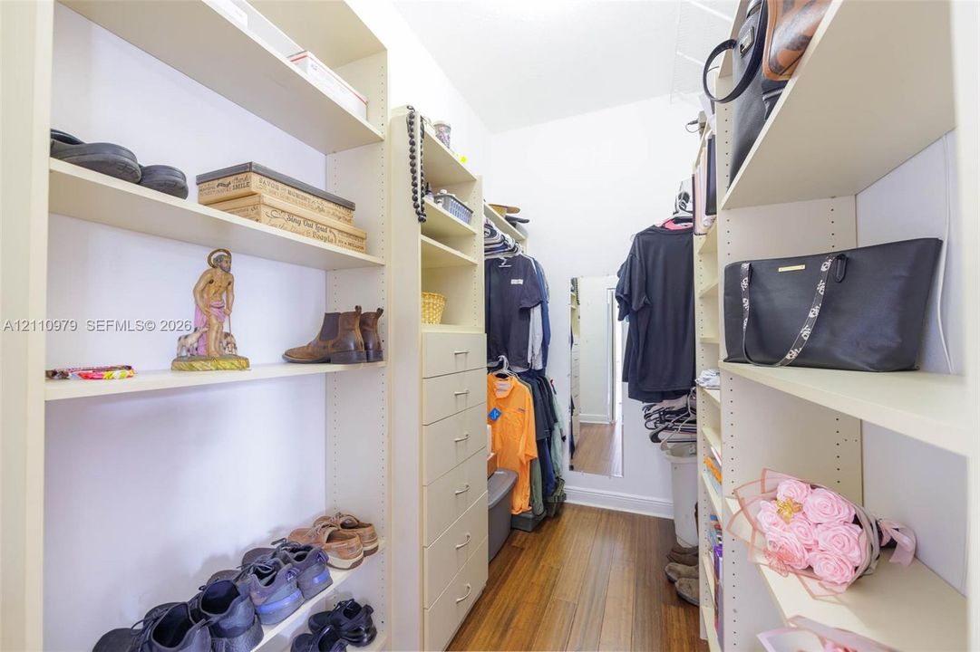 Walk-in closet featuring floor-to-ceiling built-in shelving, integrated chest of drawers, and wood-finish flooring