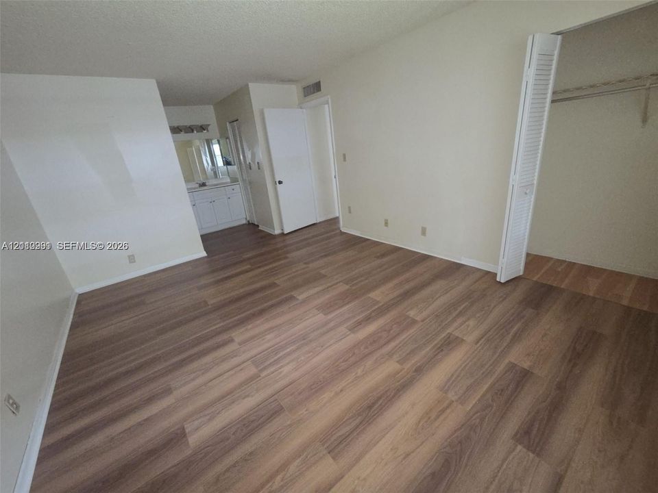 Room interior featuring wood-finish flooring, a reach-in closet with louvered doors, and a vanity area equipped with a sink and mirror