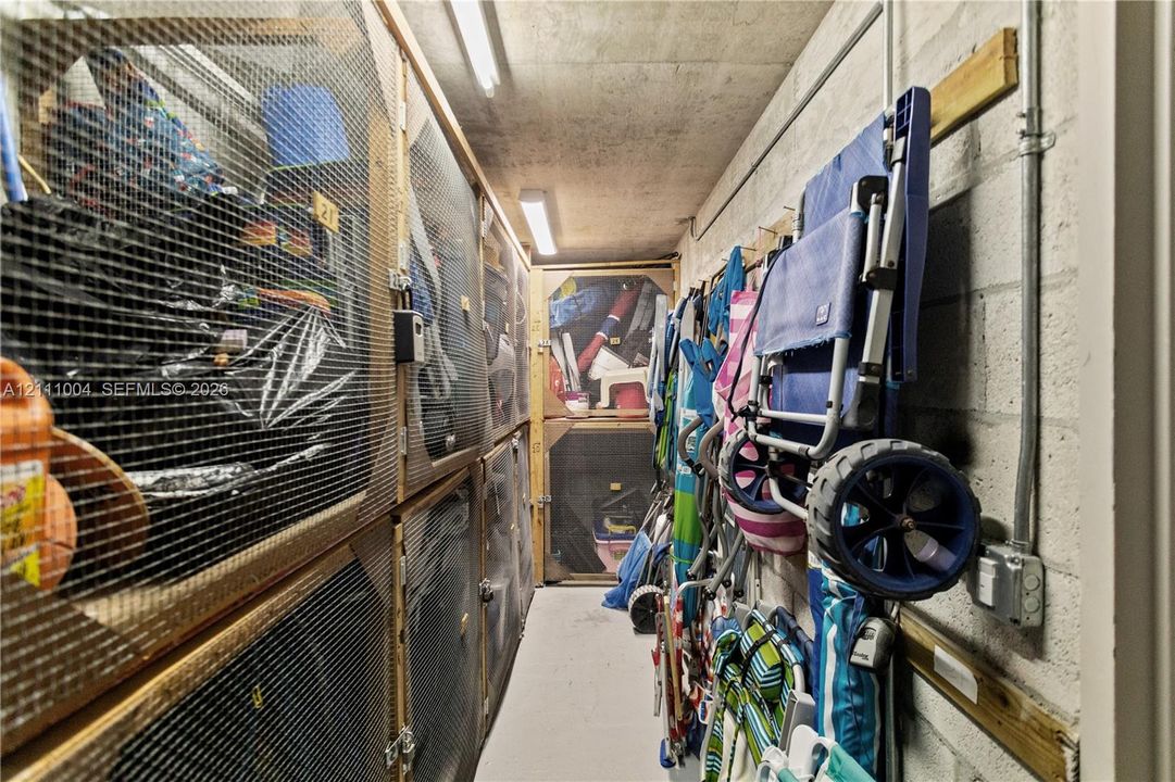 Dedicated storage area featuring concrete walls, linear overhead lighting, and secured wire-mesh partitioned compartments