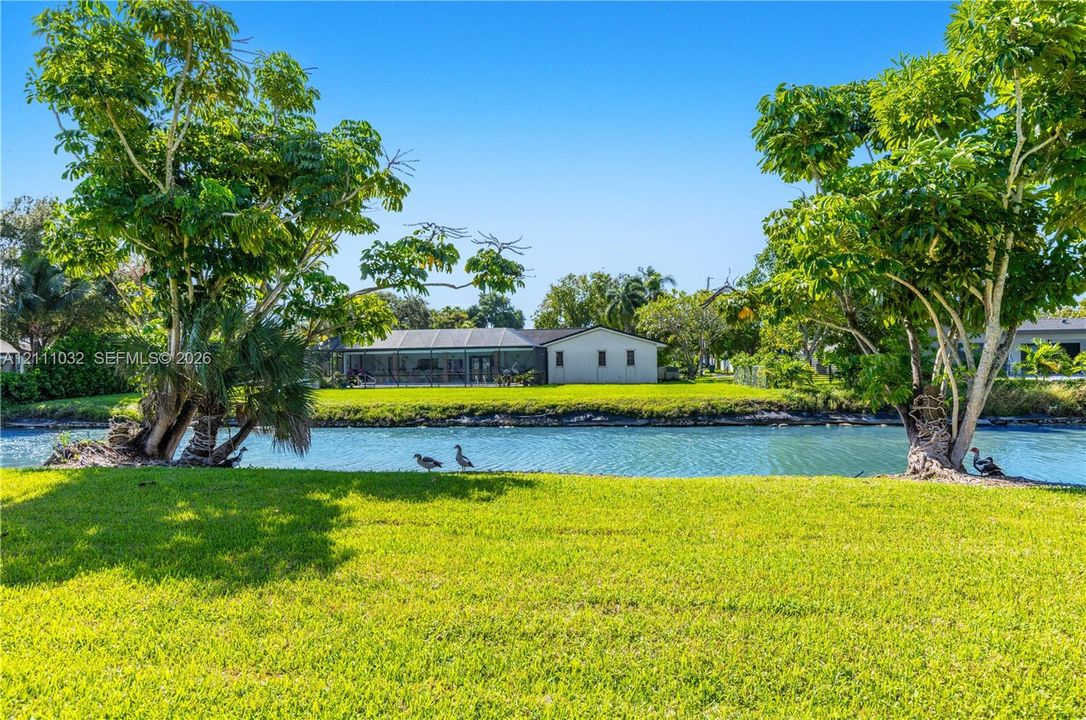 Waterfront lot featuring a manicured lawn, mature trees, and a screen-enclosed patio