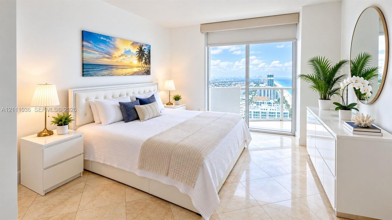 Floor-to-ceiling sliding glass doors with balcony access, large-format tile flooring, and coastal skyline scenery