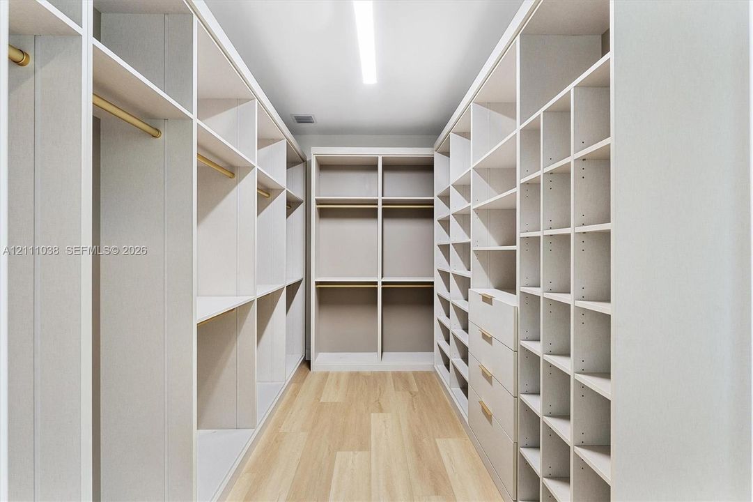 Walk-in closet featuring extensive built-in shelving, integrated dresser drawers, brass-tone hanging rods, and wood-finish flooring