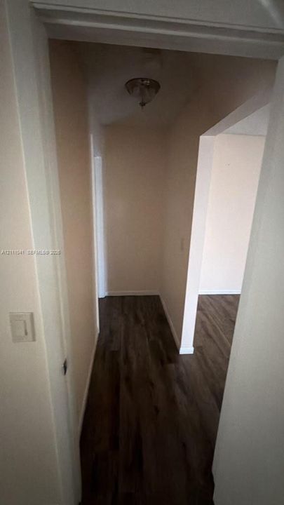 Hallway featuring wood-finish flooring and a ceiling-mounted light fixture