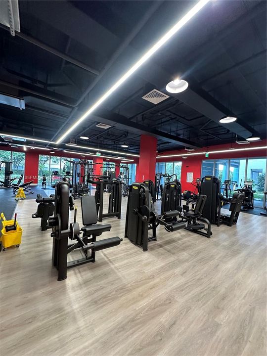 Fitness center featuring wood-finish flooring, industrial-style exposed ceiling, linear recessed lighting, and floor-to-ceiling windows