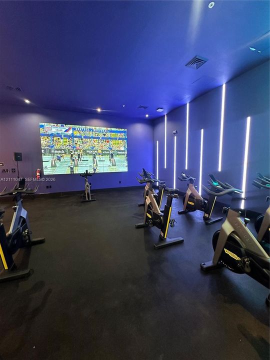 Fitness area featuring wall-mounted projection screen, seamless black flooring, and vertical integrated LED accent lighting