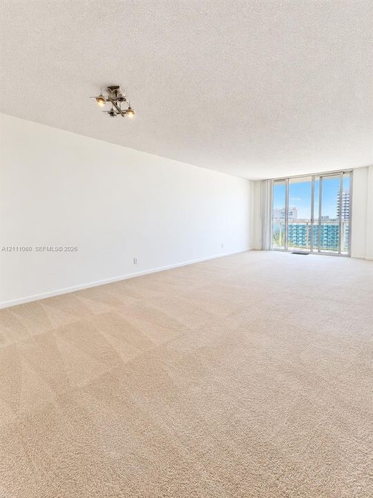 Open interior space featuring floor-to-ceiling glass sliding doors, wall-to-wall carpeting, and a multi-directional flush-mount light fixture